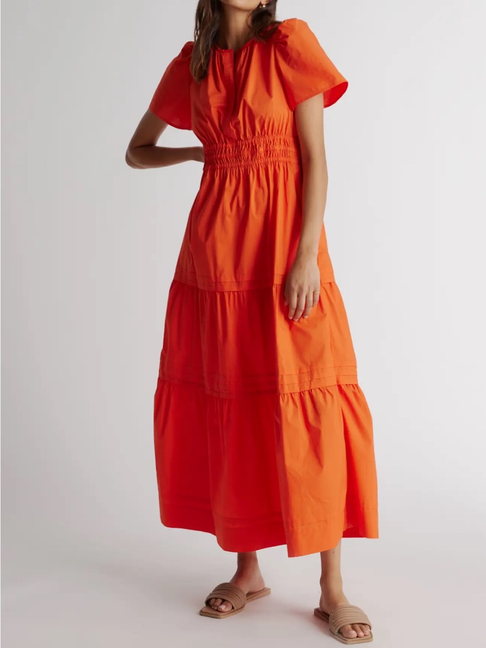 Quince Bright Red vermillon Tiered Puff-Sleeve Maxi Dress - Picture 13 of 13